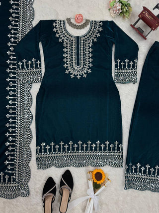 Sky Blue Luxurious Viscose Velvet Plazo Set with Embroidered Dupatta Clothsvilla