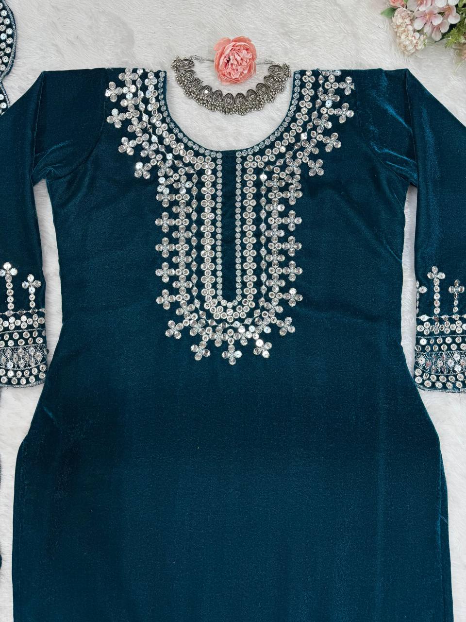 Sky Blue Luxurious Viscose Velvet Plazo Set with Embroidered Dupatta Clothsvilla