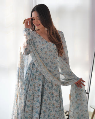 Sky Blue Luxury Chiffon Floral Anarkali Set – Elegant & Breezy for Summer Weddings