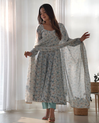 Sky Blue Luxury Chiffon Floral Anarkali Set – Elegant & Breezy for Summer Weddings