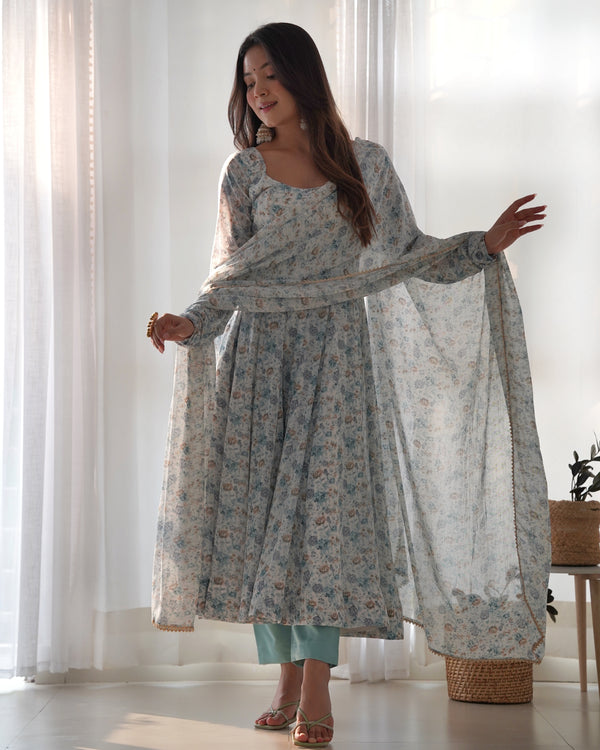 Sky Blue Luxury Chiffon Floral Anarkali Set – Elegant & Breezy for Summer Weddings
