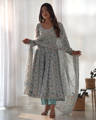 Sky Blue Luxury Chiffon Floral Anarkali Set – Elegant & Breezy for Summer Weddings