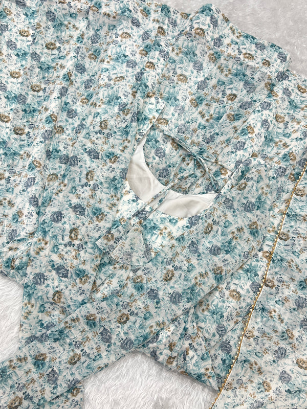 Sky Blue Luxury Chiffon Floral Anarkali Set – Elegant & Breezy for Summer Weddings