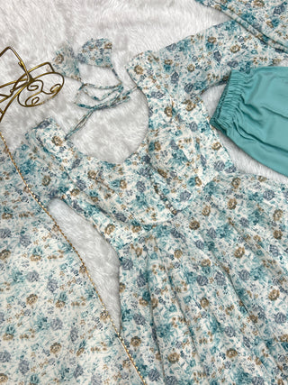 Sky Blue Luxury Chiffon Floral Anarkali Set – Elegant & Breezy for Summer Weddings