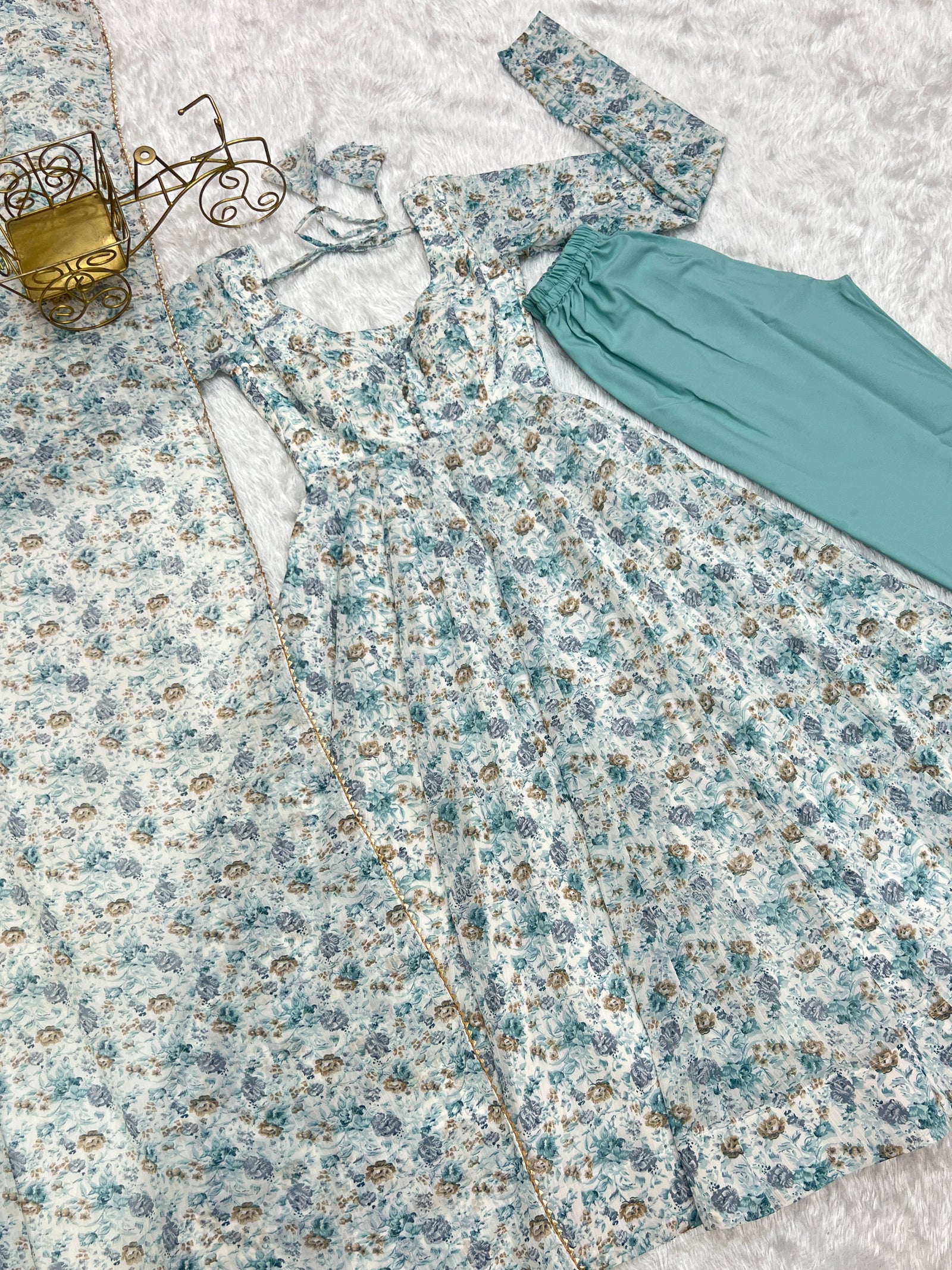 Sky Blue Luxury Chiffon Floral Anarkali Set – Elegant & Breezy for Summer Weddings
