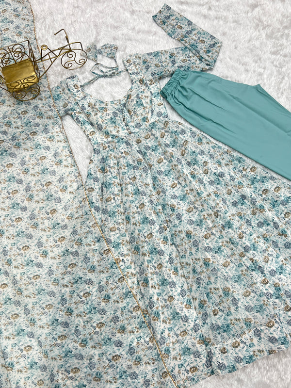 Sky Blue Luxury Chiffon Floral Anarkali Set – Elegant & Breezy for Summer Weddings