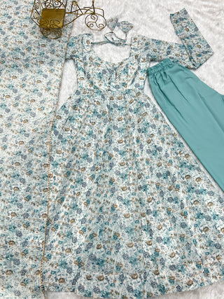 Sky Blue Luxury Chiffon Floral Anarkali Set – Elegant & Breezy for Summer Weddings