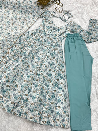 Sky Blue Luxury Chiffon Floral Anarkali Set – Elegant & Breezy for Summer Weddings