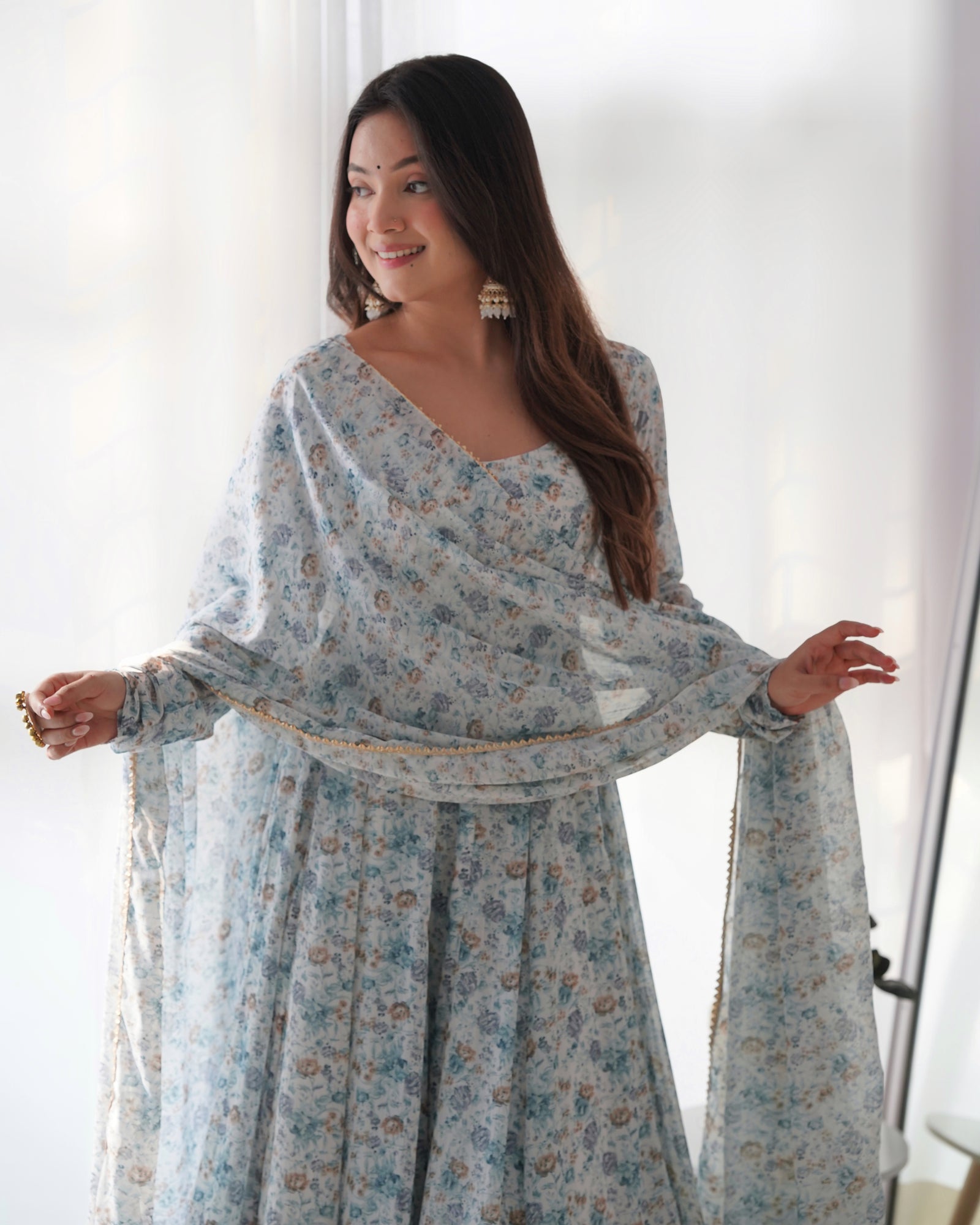 Sky Blue Luxury Chiffon Floral Anarkali Set – Elegant & Breezy for Summer Weddings