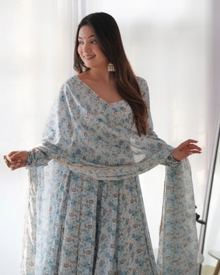 Sky Blue Luxury Chiffon Floral Anarkali Set – Elegant & Breezy for Summer Weddings