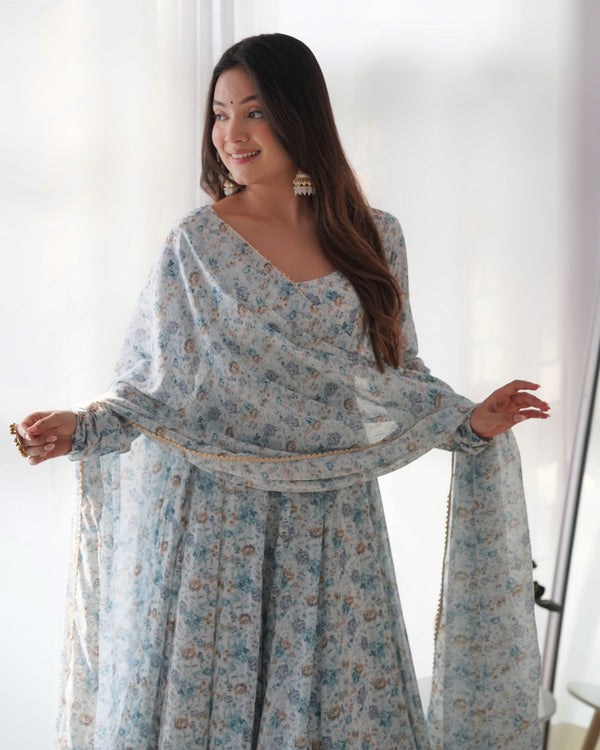 Sky Blue Luxury Chiffon Floral Anarkali Set – Elegant & Breezy for Summer Weddings