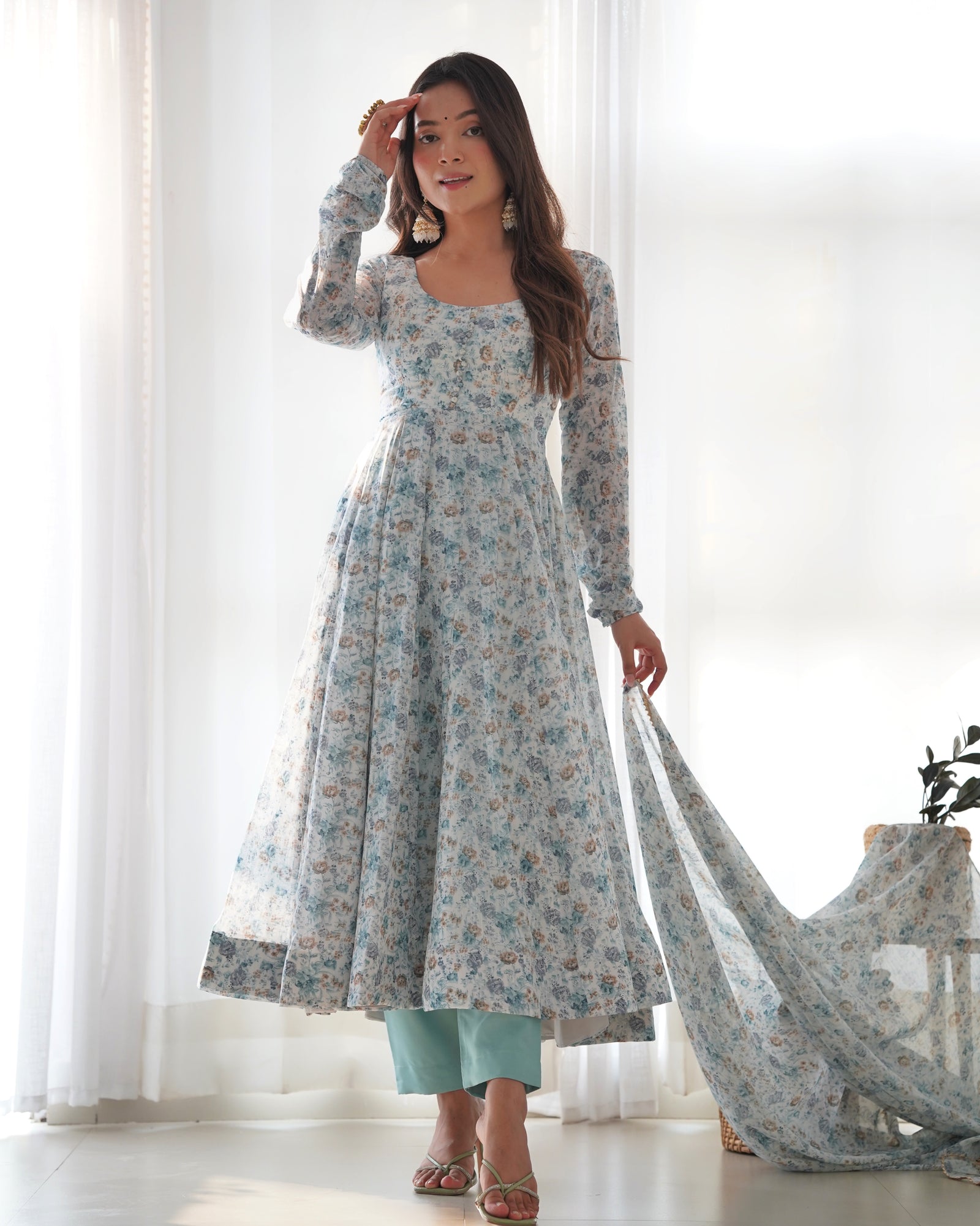 Sky Blue Luxury Chiffon Floral Anarkali Set – Elegant & Breezy for Summer Weddings