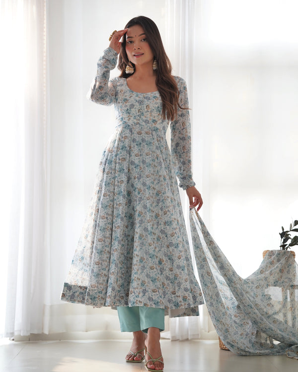 Sky Blue Luxury Chiffon Floral Anarkali Set – Elegant & Breezy for Summer Weddings