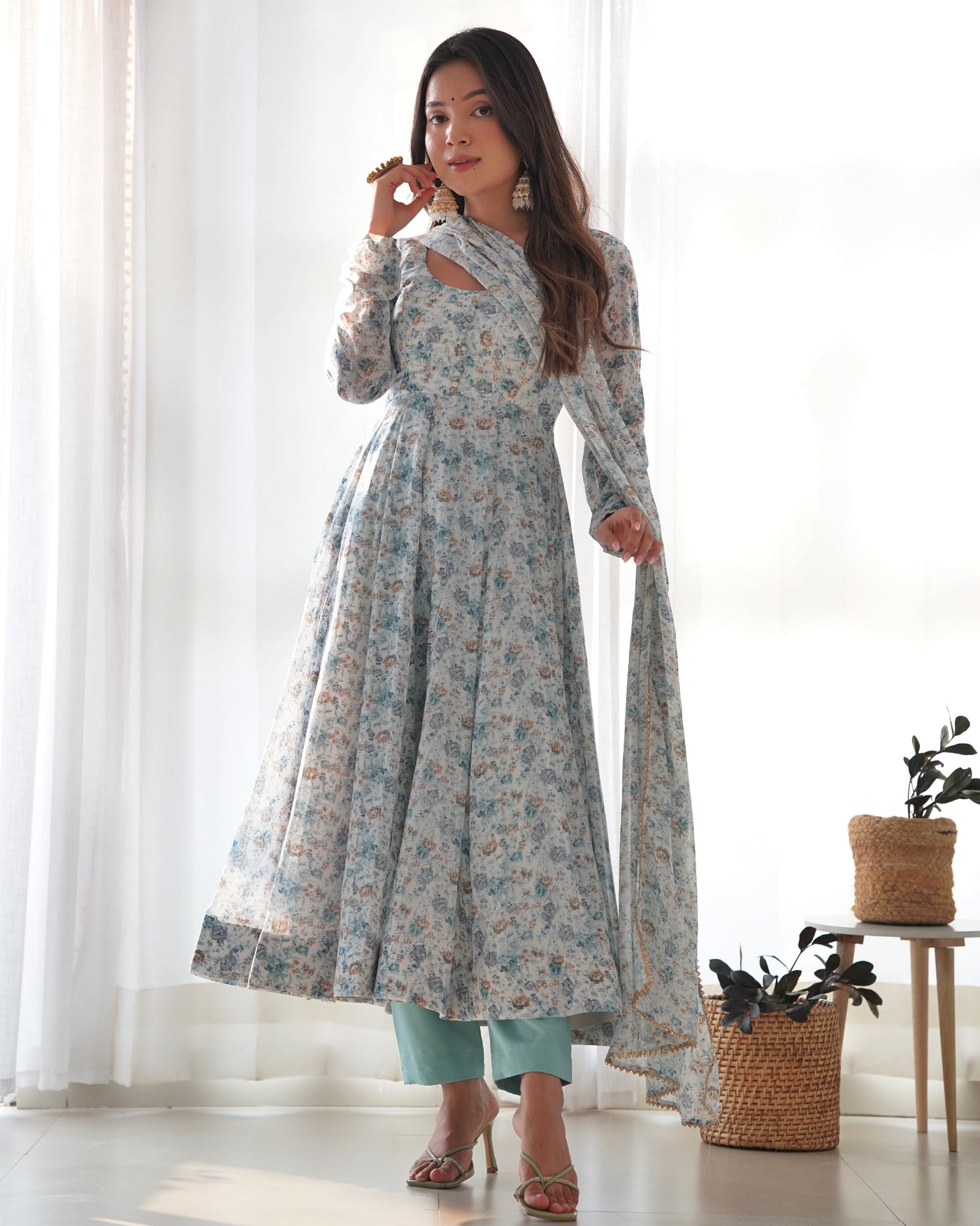 Sky Blue Luxury Chiffon Floral Anarkali Set – Elegant & Breezy for Summer Weddings