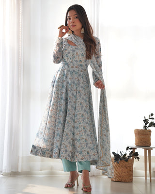 Sky Blue Luxury Chiffon Floral Anarkali Set – Elegant & Breezy for Summer Weddings