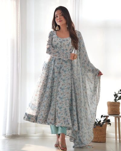 Sky Blue Luxury Chiffon Floral Anarkali Set – Elegant & Breezy for Summer Weddings