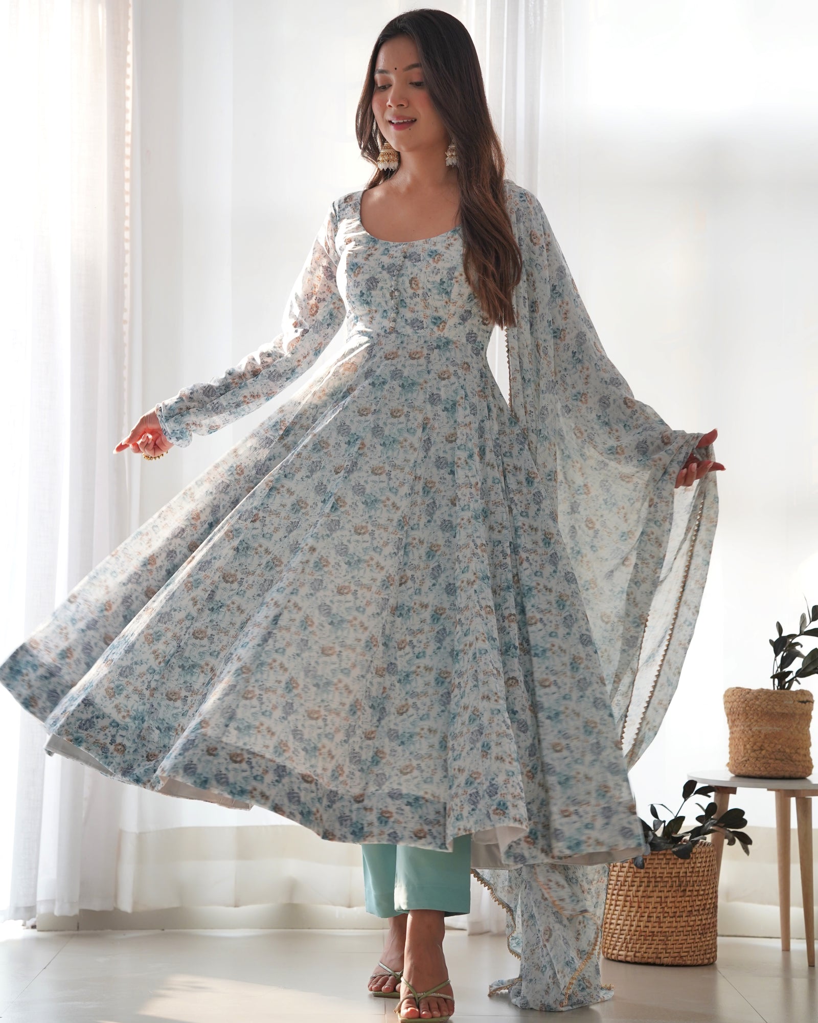 Sky Blue Luxury Chiffon Floral Anarkali Set – Elegant & Breezy for Summer Weddings