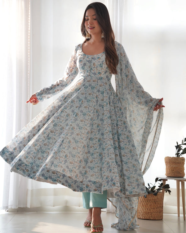 Sky Blue Luxury Chiffon Floral Anarkali Set – Elegant & Breezy for Summer Weddings