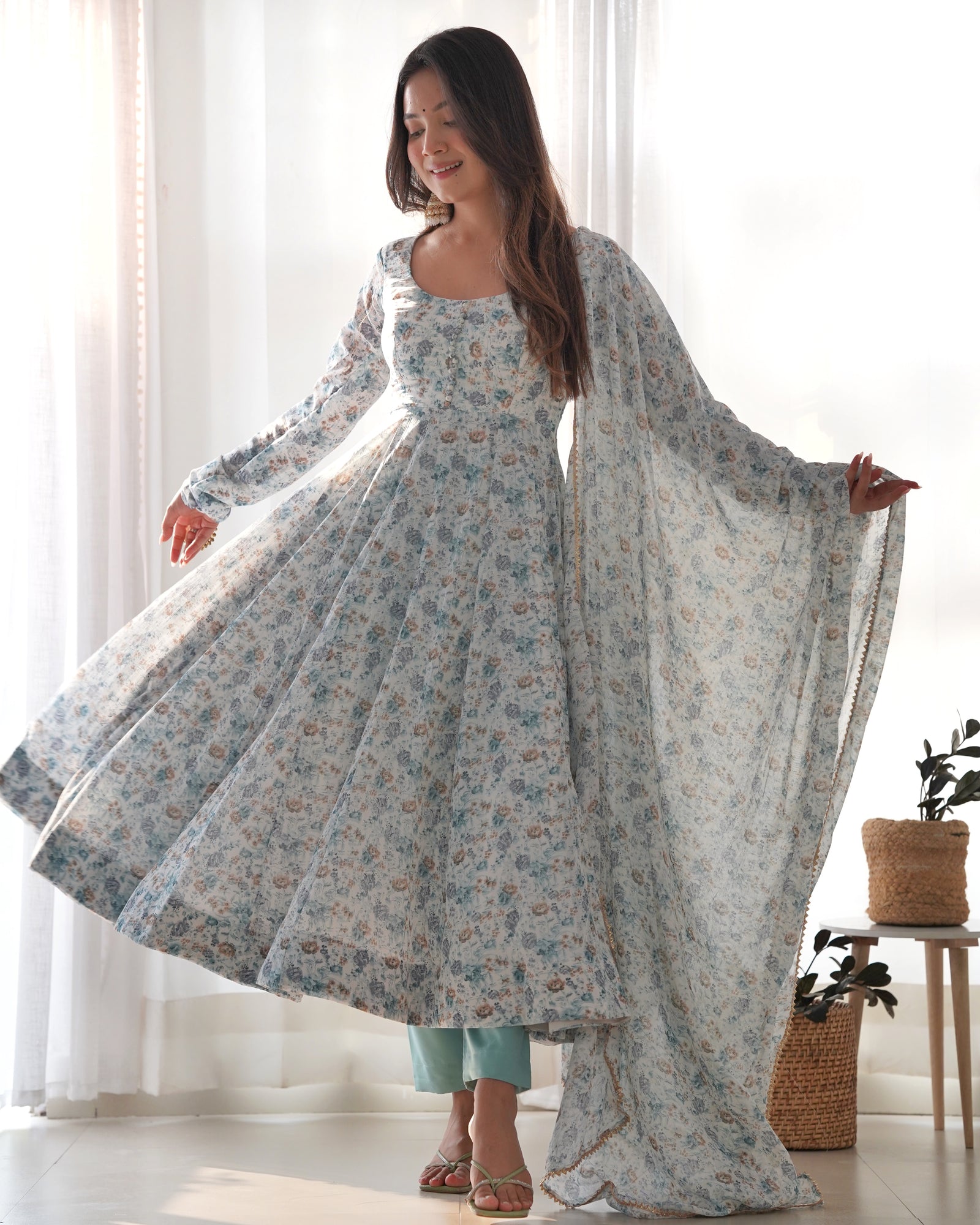 Sky Blue Luxury Chiffon Floral Anarkali Set – Elegant & Breezy for Summer Weddings