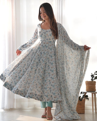 Sky Blue Luxury Chiffon Floral Anarkali Set – Elegant & Breezy for Summer Weddings