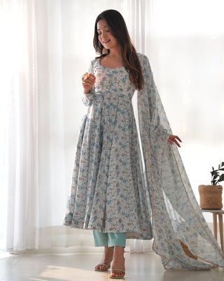 Sky Blue Luxury Chiffon Floral Anarkali Set – Elegant & Breezy for Summer Weddings