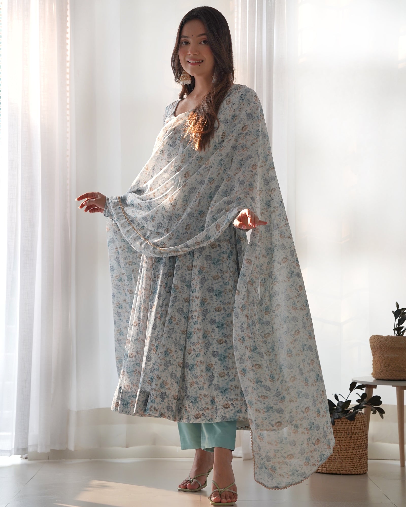 Sky Blue Luxury Chiffon Floral Anarkali Set – Elegant & Breezy for Summer Weddings