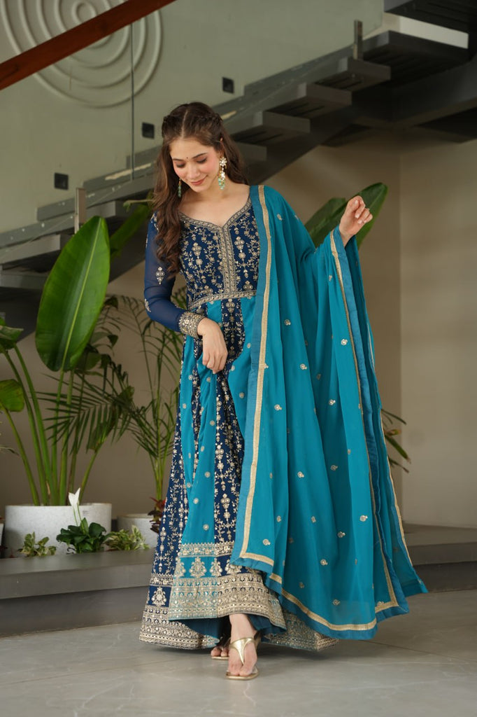 Sky Blue Luxury Faux Blooming Gown Set with Zari & Sequins Embroidery – Kali Cut Design ClothsVilla