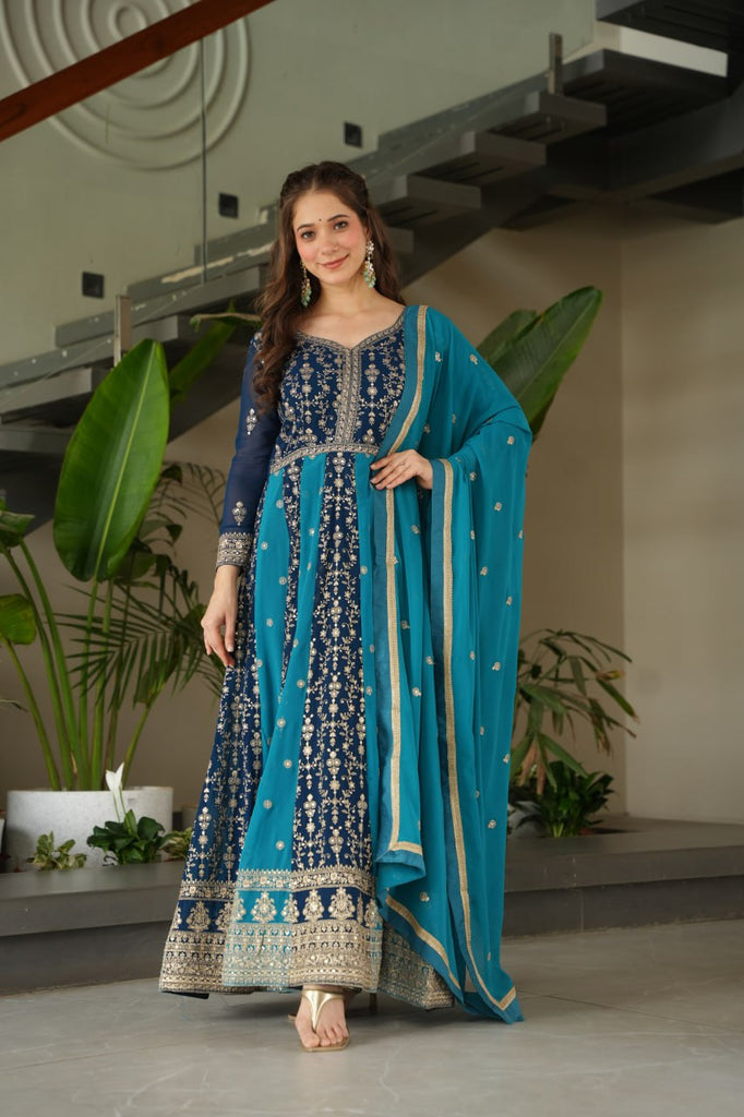 Sky Blue Luxury Faux Blooming Gown Set with Zari & Sequins Embroidery – Kali Cut Design ClothsVilla