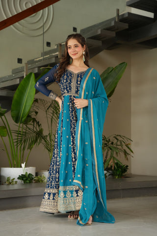 Sky Blue Luxury Faux Blooming Gown Set with Zari & Sequins Embroidery – Kali Cut Design ClothsVilla