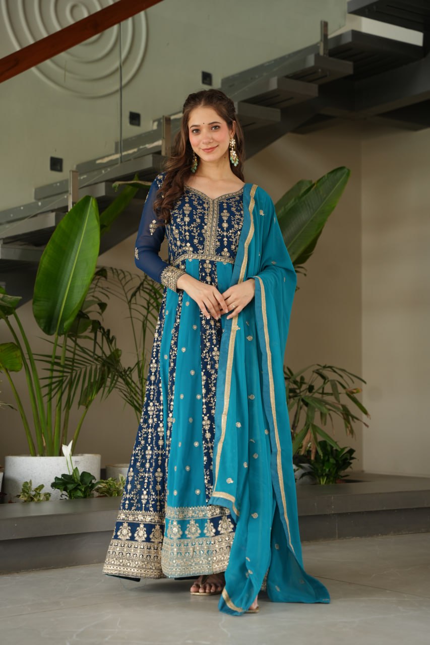 Sky Blue Luxury Faux Blooming Gown Set with Zari & Sequins Embroidery – Kali Cut Design ClothsVilla