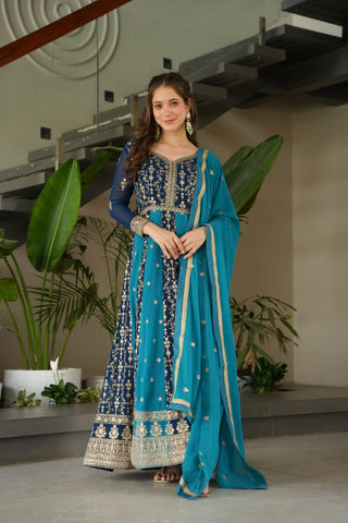 Sky Blue Luxury Faux Blooming Gown Set with Zari & Sequins Embroidery – Kali Cut Design ClothsVilla