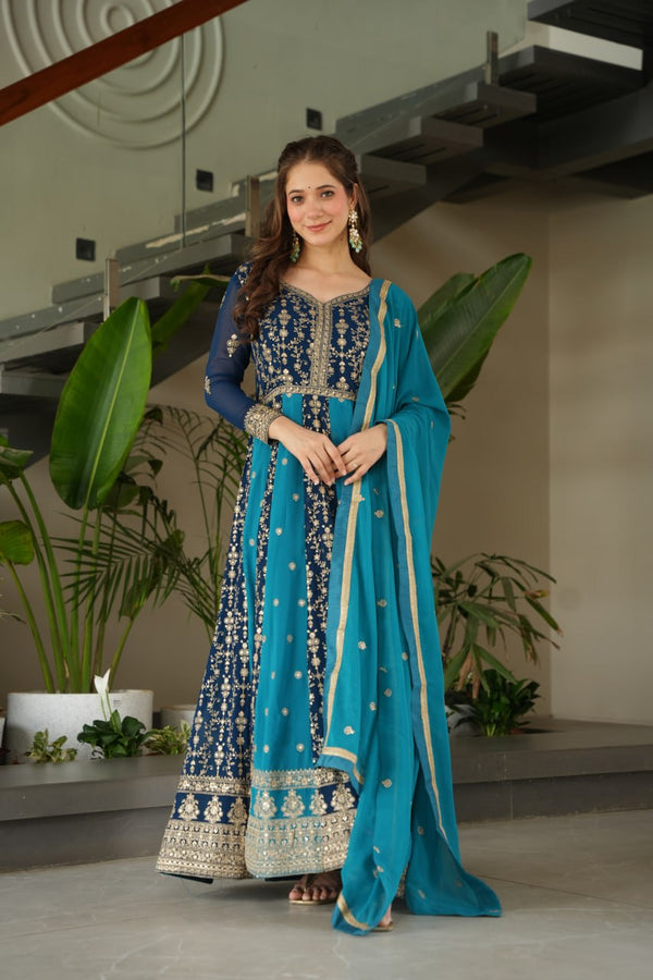Sky Blue Luxury Faux Blooming Gown Set with Zari & Sequins Embroidery – Kali Cut Design ClothsVilla