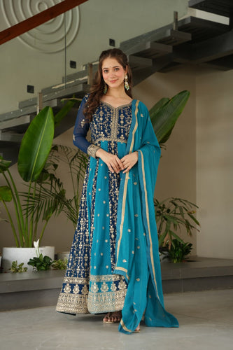Sky Blue Luxury Faux Blooming Gown Set with Zari & Sequins Embroidery – Kali Cut Design ClothsVilla