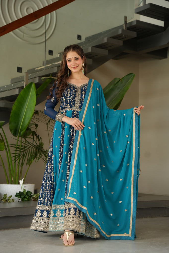 Sky Blue Luxury Faux Blooming Gown Set with Zari & Sequins Embroidery – Kali Cut Design ClothsVilla