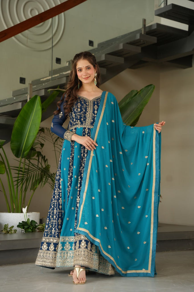 Sky Blue Luxury Faux Blooming Gown Set with Zari & Sequins Embroidery – Kali Cut Design ClothsVilla