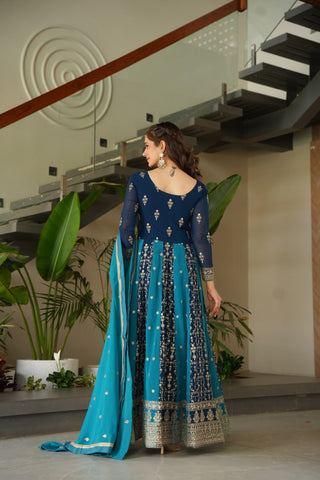 Sky Blue Luxury Faux Blooming Gown Set with Zari & Sequins Embroidery – Kali Cut Design ClothsVilla