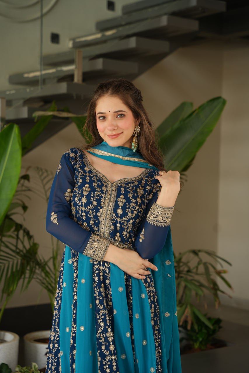 Sky Blue Luxury Faux Blooming Gown Set with Zari & Sequins Embroidery – Kali Cut Design ClothsVilla