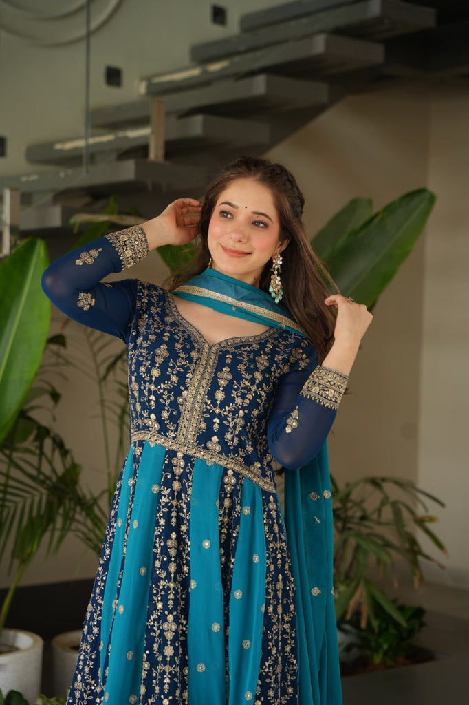 Sky Blue Luxury Faux Blooming Gown Set with Zari & Sequins Embroidery – Kali Cut Design ClothsVilla