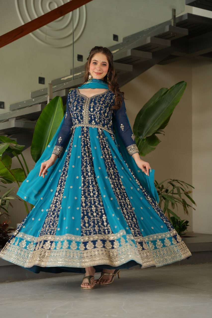 Sky Blue Luxury Faux Blooming Gown Set with Zari & Sequins Embroidery – Kali Cut Design Secondary image