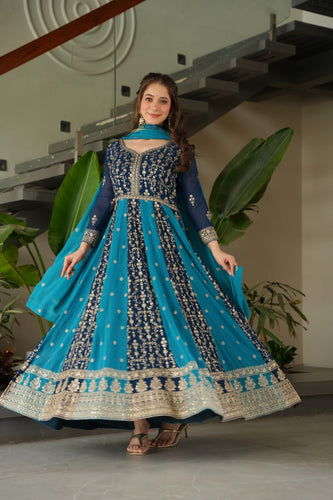 Sky Blue Luxury Faux Blooming Gown Set with Zari & Sequins Embroidery – Kali Cut Design ClothsVilla