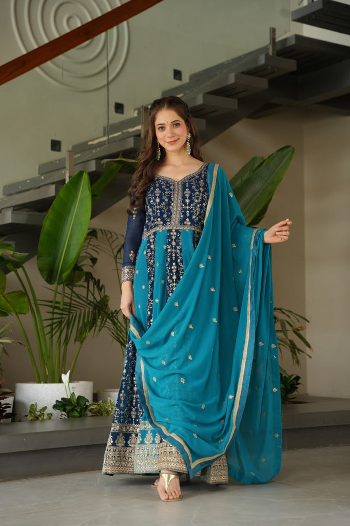 Sky Blue Luxury Faux Blooming Gown Set with Zari & Sequins Embroidery – Kali Cut Design ClothsVilla