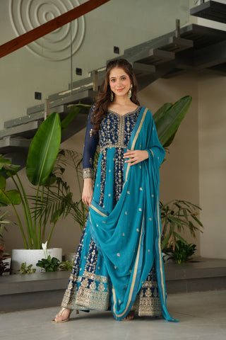Sky Blue Luxury Faux Blooming Gown Set with Zari & Sequins Embroidery – Kali Cut Design ClothsVilla