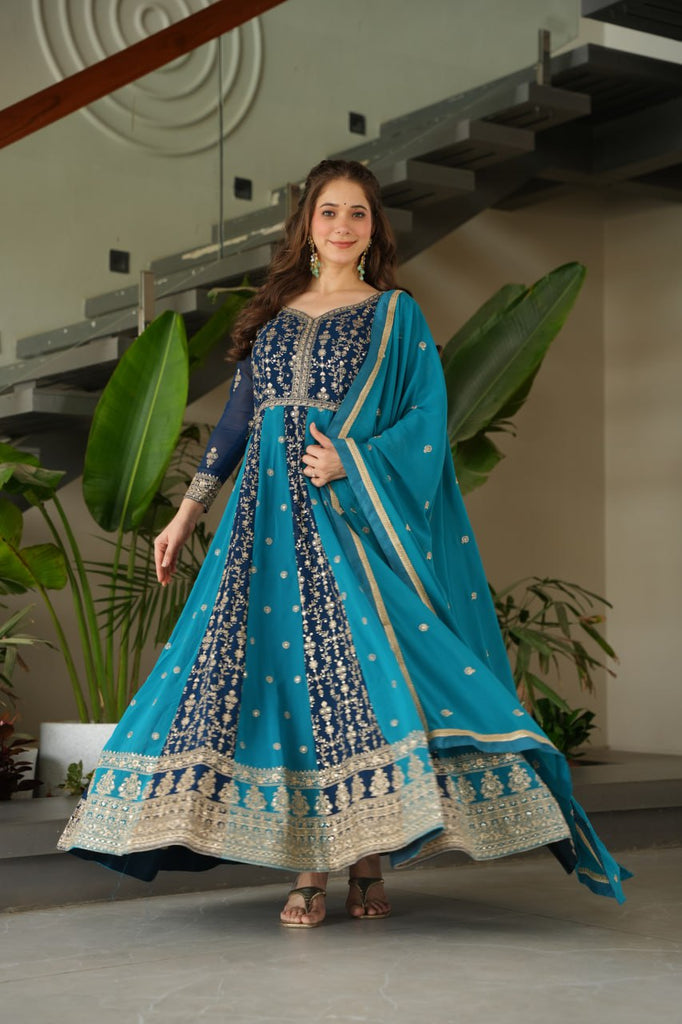 Sky Blue Luxury Faux Blooming Gown Set with Zari & Sequins Embroidery – Kali Cut Design ClothsVilla