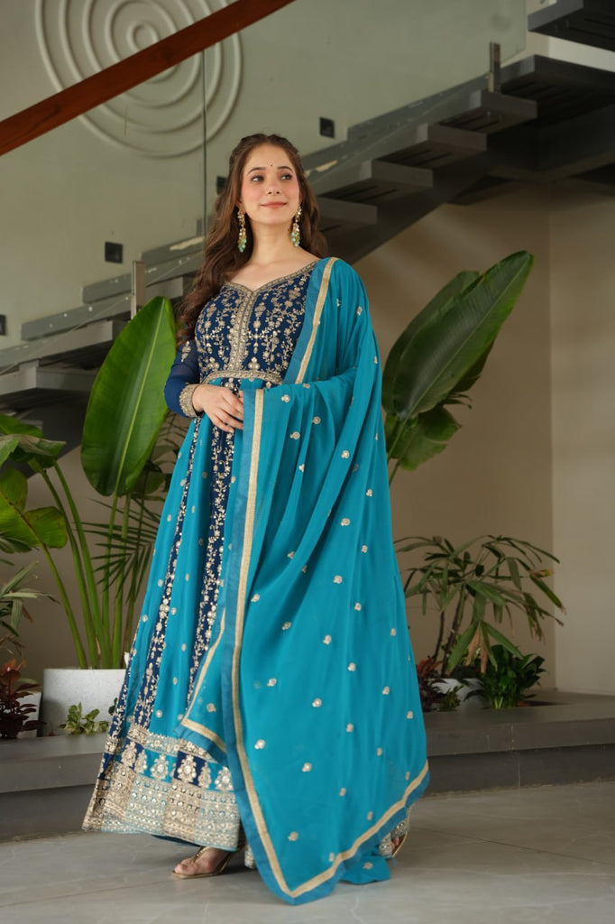 Sky Blue Luxury Faux Blooming Gown Set with Zari & Sequins Embroidery – Kali Cut Design ClothsVilla