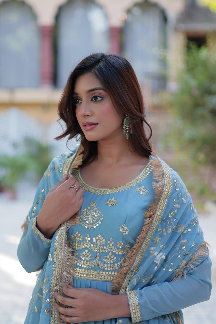 Sky Blue Luxury Star Georgette Gown with Designer Embroidered Dupatta – 5-Layer Frill Flai
