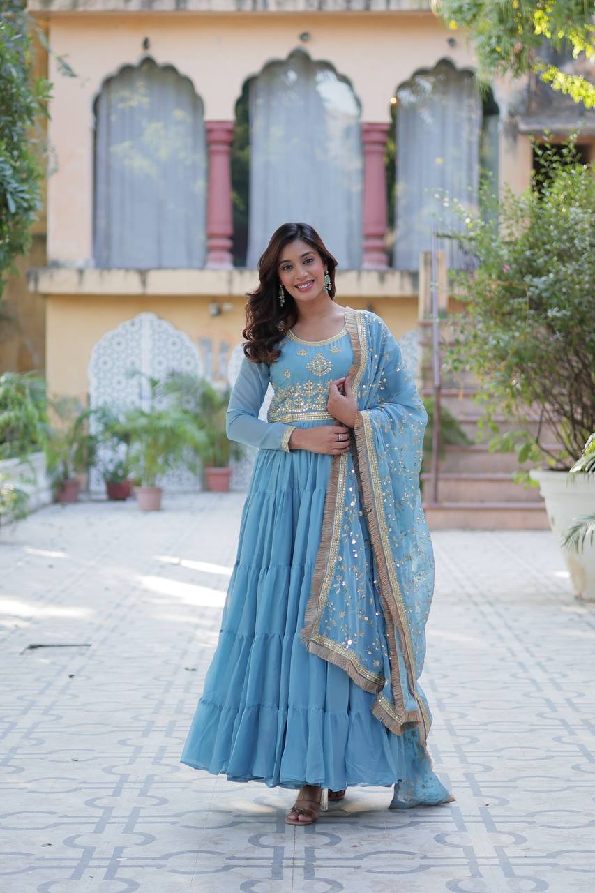Sky Blue Luxury Star Georgette Gown with Designer Embroidered Dupatta – 5-Layer Frill Flai