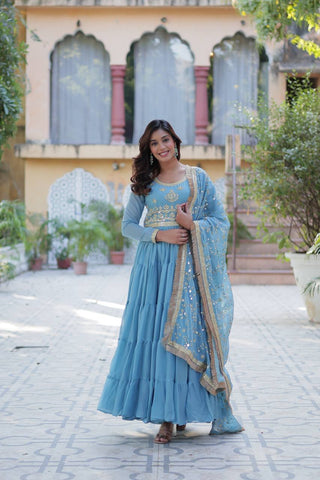 Sky Blue Luxury Star Georgette Gown with Designer Embroidered Dupatta – 5-Layer Frill Flai