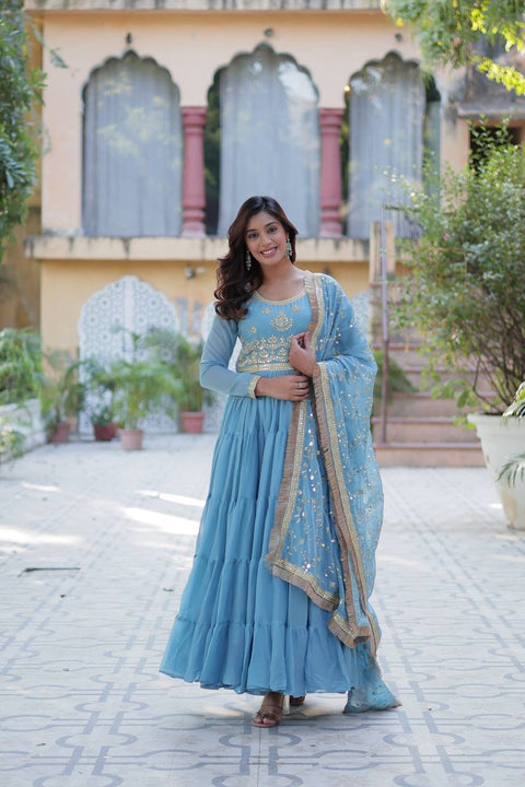 Sky Blue Luxury Star Georgette Gown with Designer Embroidered Dupatta – 5-Layer Frill Flai Main image