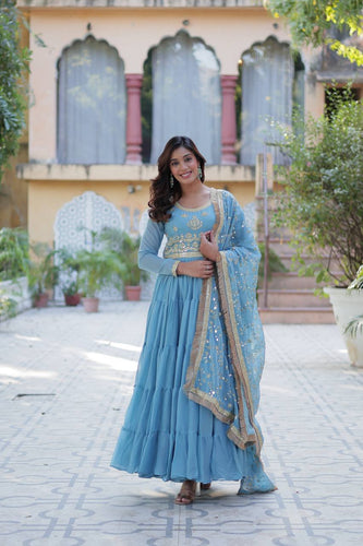 Sky Blue Luxury Star Georgette Gown with Designer Embroidered Dupatta – 5-Layer Frill Flai