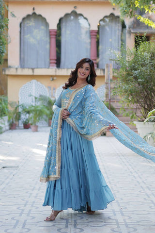 Sky Blue Luxury Star Georgette Gown with Designer Embroidered Dupatta – 5-Layer Frill Flai
